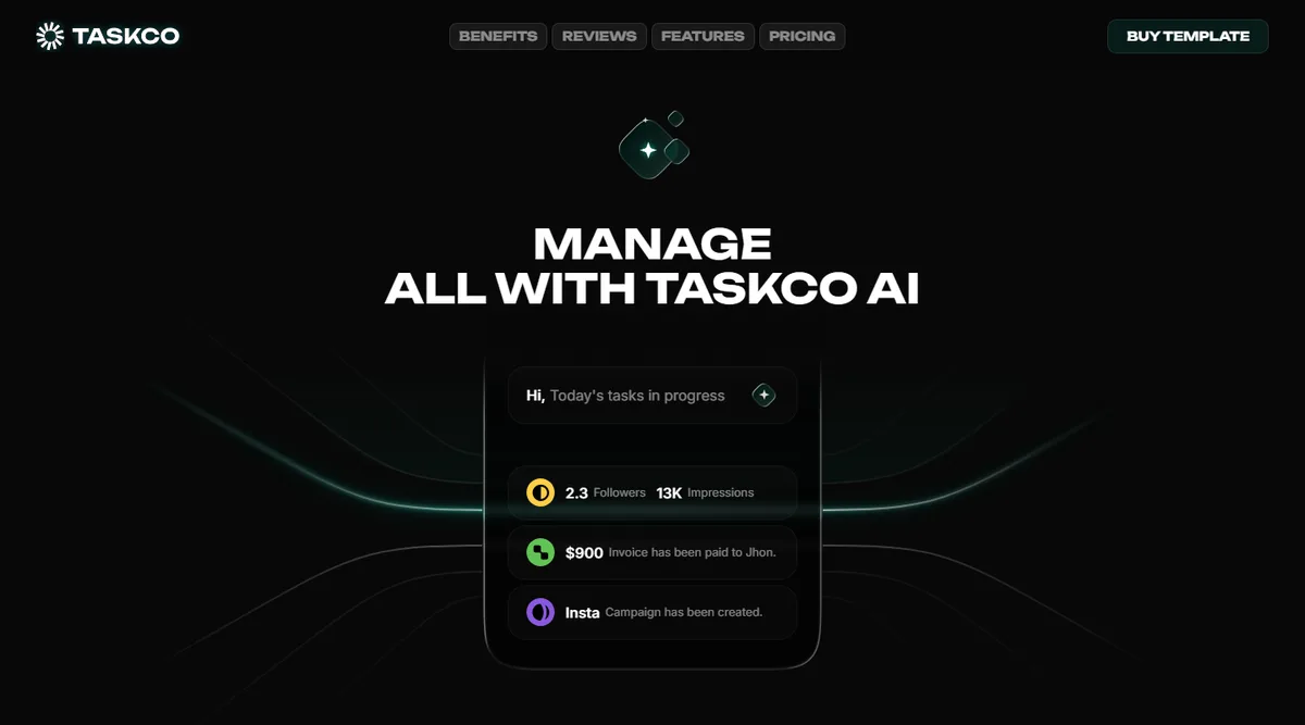 Landing page for an AI task-management platform