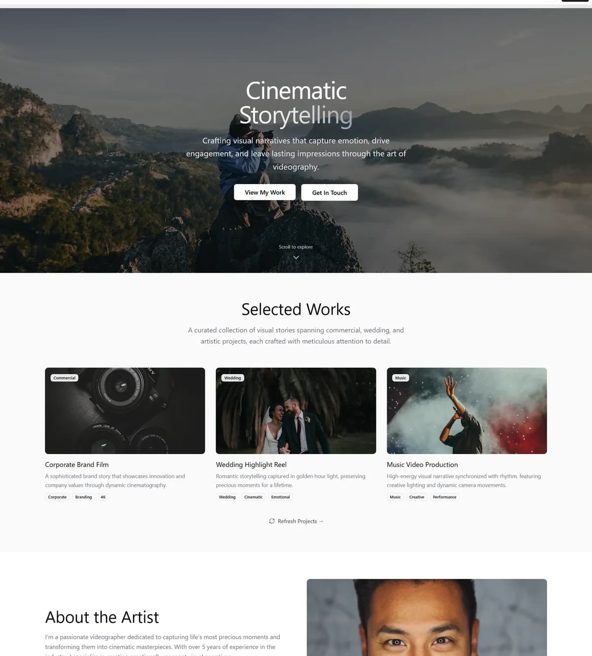 Cinematic portfolio for a videographer